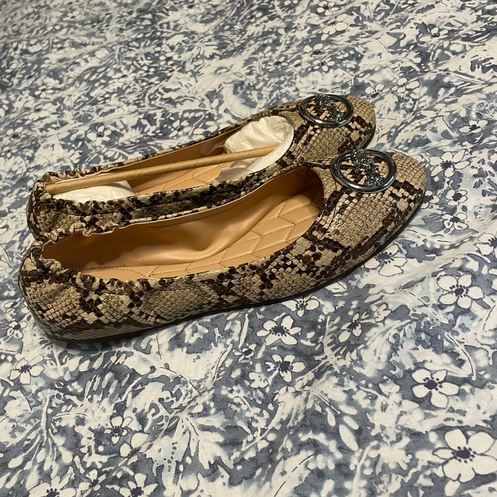 Coach Beige Snakeskin Flats with Black Accents